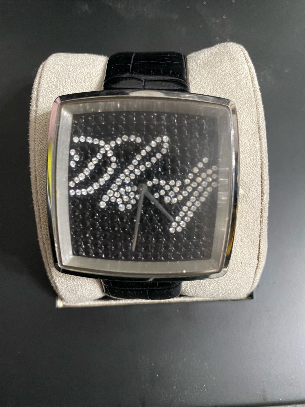 Crystal Script Black Leather Watch